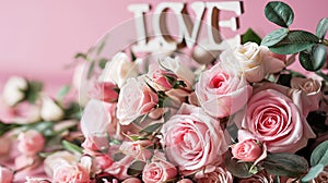 Word Love decorated with delicate roses on pink background. Valentine's Day concept