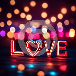 Word love glowing letters on the background of multicolored lights