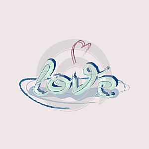 The word Love and heart on a light background, drawn by hand. Paint brush texture