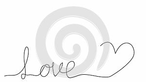 Word LOVE with heart, one line drawing animation. Video clip with alpha channel.