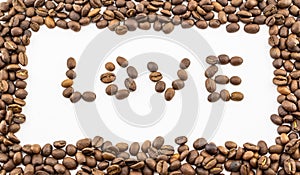 The word love is lined with coffee beans on a white background and surrounded by a frame of coffered grains