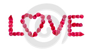 Word Love made from deep pink flower petals, isolated on white background