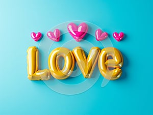 The word love is made of gold and pink balloons