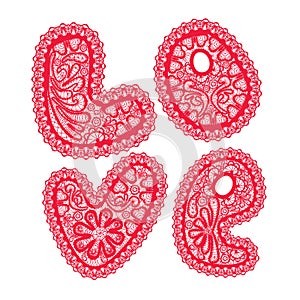 Word LOVE is made of red pattern of openwork lace