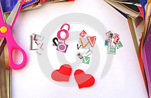 Word Love from Paper cut letters and two red hearts