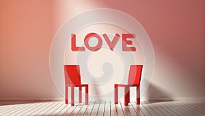 Word Love and red chair in modern room for Valentine`s Day.
