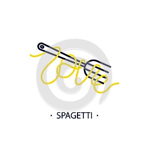 The word love from spaghetti and fork. Vector icon
