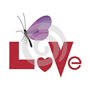 The word love and stylized butterfly, composition for Valentine`s Day