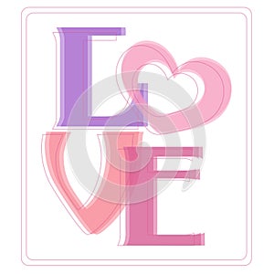 Word love typography with heart. Greeting card with letters and hearts in frame
