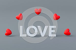 Word love under arch of red hearts on gray background