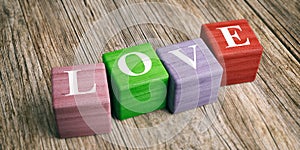 Word Love on wooden blocks. 3d illustration