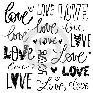 The word love written in different fonts. Romantic calligraphy Set Valentines day cards, family poster, wedding