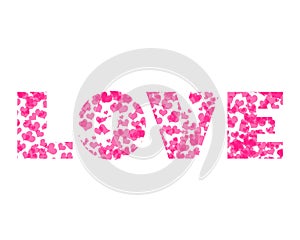 Word LOVE written with hearts, isolated on white background.