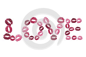 Word Love written with lips lipstick kiss prints