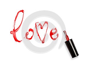 Word love written by nail polish, calligraphic deterter, element for design