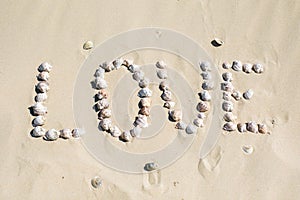 Word love written on the sand with sea shells at sunset on the beach