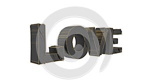 The word Love written in space in a perspective form on a white background. Love written in worn metal letters.