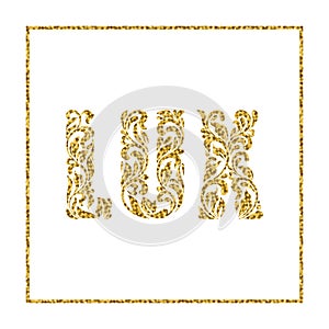 Word Lux. Letters  from a floral ornament with golden glitter isolated on white background.