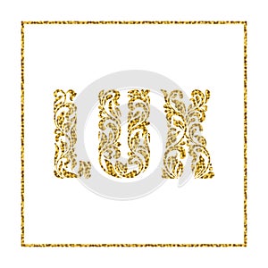 Word Lux. Letters  from a floral ornament with golden glitter isolated on white background. photo