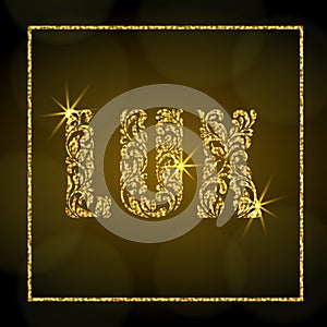 Word Lux. Letters  from a floral ornament with golden glitter and sparks on a dark background with bokeh.