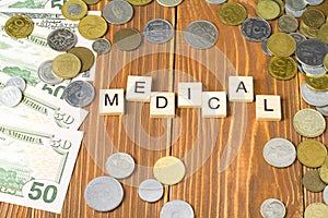 Word MEDICAL on wooden cube with money frame at wooden background. Business finance and investment concept.