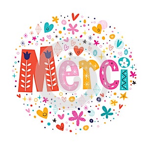 Word Merci Thanks in French typography lettering decorative text card