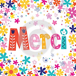 Word Merci Thanks in French typography unique lettering decorative text floral card