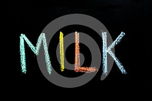 Word `milk` drawn on chalkboard