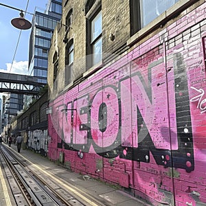 The word Neon pink color on a street wall, graffiti style.