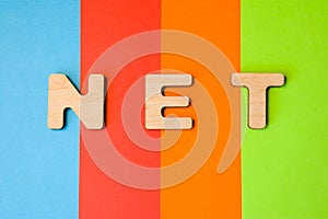 Word NET composed of 3D letters is in background of 4 colors: blue, red, orange and green. Domain designation or framework, short photo