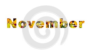 The word November, made up of letters, the background of which is made up of colorful autumn leaves.