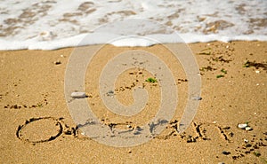 Word Ocean written on the sand