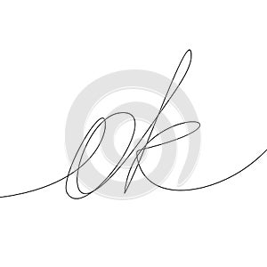 Word Ok continuous one line drawing, Positive decision, Calligraphy lettering handwriting graphics vector