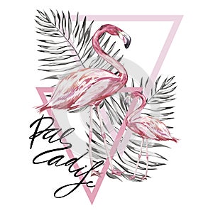 Word- Paradise. Two flamingos with tropical leaves. Element for design of invitations, movie posters, fabrics and other