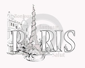 Word Paris decorated with Eiffel Tower