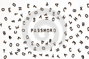 The word password on a white background from black english letters, the concept of think up or forget a password