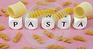 The word pasta with various kind of raw pasta