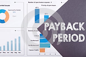 The word PAYBACK PERIOD is written on a gray background with diagrams and graphs