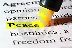 Word peace highlighted with a yellow marker