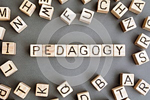 The word pedagogy wooden cubes with burnt letters photo
