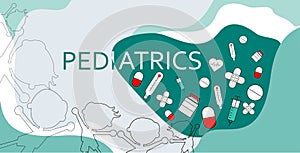 Word pediatrics with healthcare icons, including a pill and medicine bottles, drugs, syringes, hearts and Adhesive bandage photo