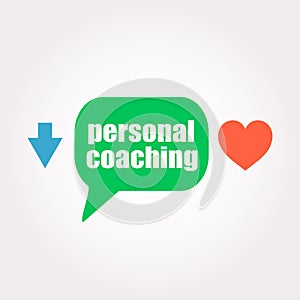 Word personal coaching. Education concept . Speech clouds stickers, arrow and heart