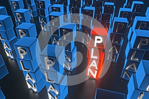 The word plan on cubes. The concept of a good business strategy. 3d rendering