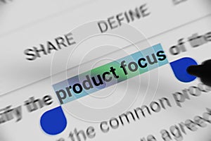 Word `product focus` selected and highlighted digitally on mobile display screen