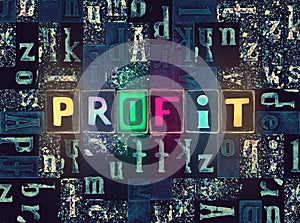 The word Profit as neon glowing unique typeset symbols, luminous letters profit