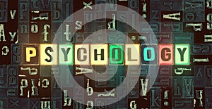The word Psychology as neon glowing unique typeset symbols, luminous letters psychology