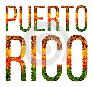 Word puerto rico country is written with leaves on a white insulated background, a banner for printing, a creative