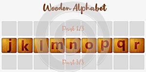 Word puzzling board game design elements set 2/3. Wooden tiles alphabet 3d realistic letters. Vector illustration