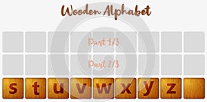 Word puzzling board game design elements set 3/3. Wooden tiles alphabet 3d realistic letters. Vector illustration