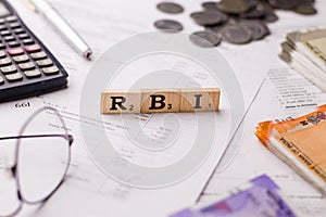 Word RBI written on wooden cubes stock image. photo